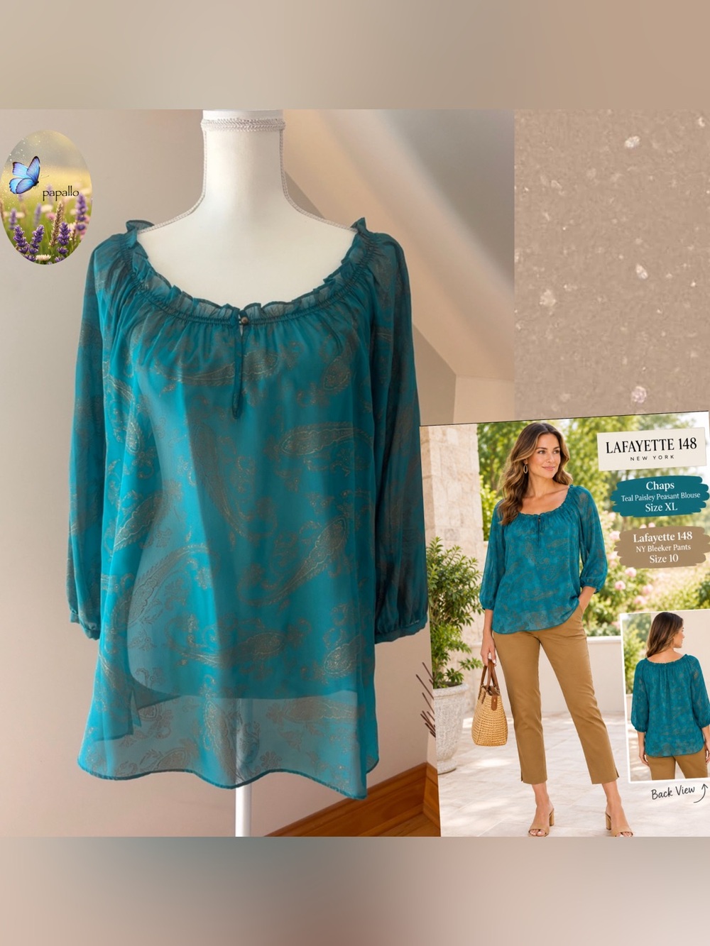 Chaps Teal Paisley Peasant Blouse SZ XL